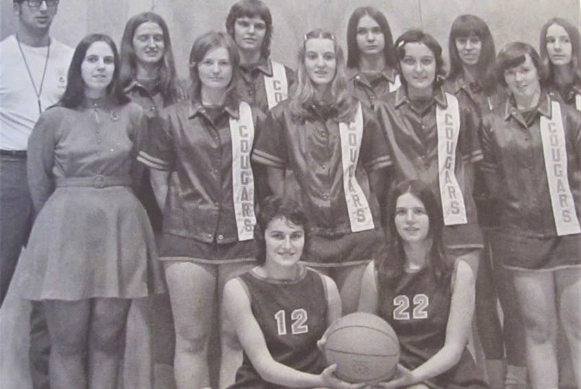 The 1972 varsity girl’s basketball team won CEC’s first provincial championship in the new school. Pictured are coach Keith MacKenzie (back, left), manager Margie Locke, Charlene Sutherland, Eva Carter, Pam Pauley, Debi Chateau, Mo Burris, Patti Hennessey, Juanita Ettinger, Marilyn Rushton, Jean Nickerson. Gail Jobb (front, left) and Gina Cochrane. Absent from the photo is Debbie Yuill. Contributed