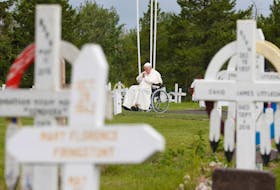 Pope Francis visits an indigenous grave site during his visit to Maskwacis, Alta., on Monday, July 25, 2022. - Todd Korol / Reuters