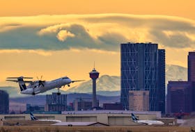 A WestJet Q400 takes off from the Calgary International Airport on Thursday, November 18, 2021.