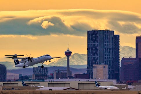 A WestJet Q400 takes off from the Calgary International Airport on Thursday, November 18, 2021.