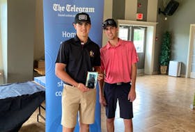 Karsen Best, left, and Luke Lacey after Best captured his fourth consecutive Junior Boy’s division title at the 2022 Tely Junior Tour at the Grand Falls Golf Club on Monday, July 25. Contributed 
