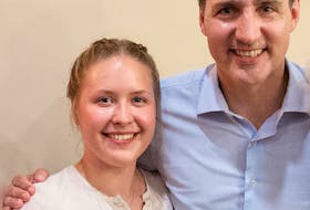 Dariia Pasko, left, had an opportunity to meet Justin Trudeau thank him for what the federal government is doing to help Ukraine when the Canadian prime minister visited the Cape Breton University campus on July 21. CONTRIBUTED
