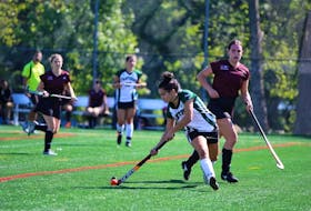 The UPEI Panthers’ Alexis Wood controls the ball in an Atlantic University Field Hockey League game against the Saint Mary’s Huskies. Wood has been selected for the final selection process of a Field Hockey Canada camp in Vancouver this week. Players selected will have an opportunity to move forward to international tournaments with the national under-21 and under-23 teams. Contributed