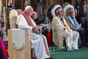 Pope Francis takes part in the  Liturgy of the Word (Prayer Service) at the Shrine on Tuesday,July 26, 2022 at Lac Ste. Anne.   Pope Francis is visiting Canada to apologize to Indigenous survivors of abuse committed over decades at Catholic Church run residential schools. 