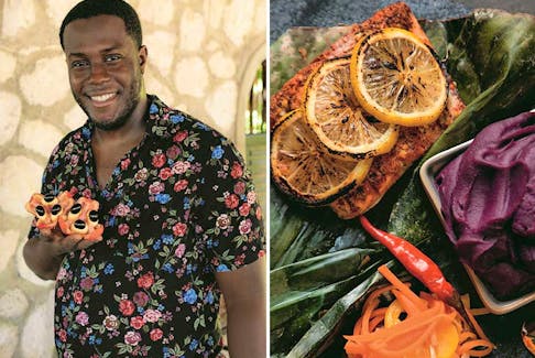 Chef and culinary consultant Adrian Forte holds a ripe ackee, Jamaica's national fruit, left. At right, Caribbean-spiced steamed fish from Forte's debut cookbook, Yawd.
