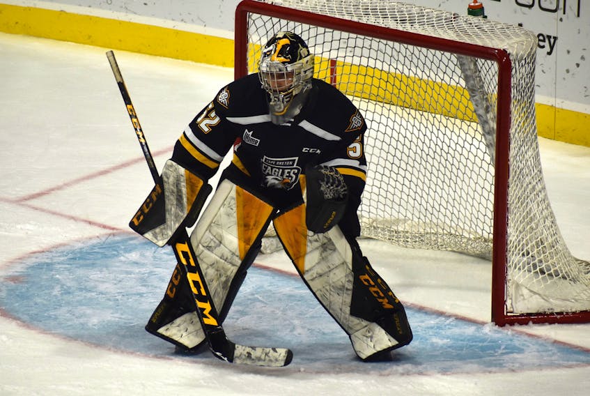 Cape Breton Eagles goaltender Nicolas Ruccia is shown during Quebec Major Junior Hockey League action last season at Centre 200 in Sydney. Ruccia was the Eagles’ first round pick at the 2020 QMJHL Entry Draft. Cape Breton has three first round picks going into the opening round on Monday night. JEREMY FRASER/CAPE BRETON POST