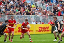 Halifax's Cooper Coats breaks free during Canada's senior men’s rugby squad's international test match against Belgium at the Wanderers Grounds in Halifax on Saturday afternoon. Canada won 45-0. - ALLIE LAWHON / RUGBY CANADA