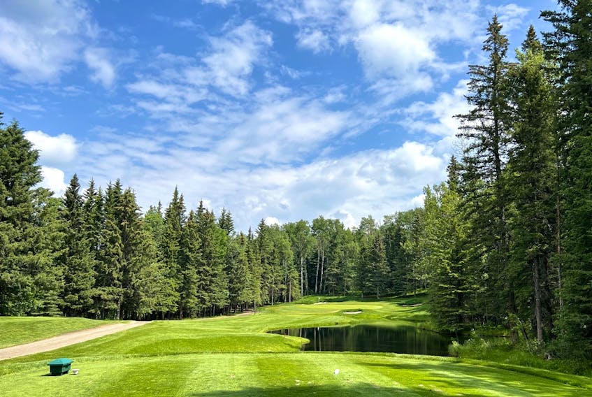 The splashy 16th hole at Water Valley Golf Club, located on a rolling piece of foothills about a 40-minute drive from Calgary’s northwest city limits.