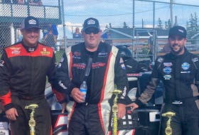 Springvale’s Greg Proude, centre, won the East Coast International Pro Stock Tour’s Fleetrite 150 at Oyster Bed Speedway on July 3. Craig Slaunwhite, left, finished second while Russell Smith Jr., right, came third. Pat Healey photo