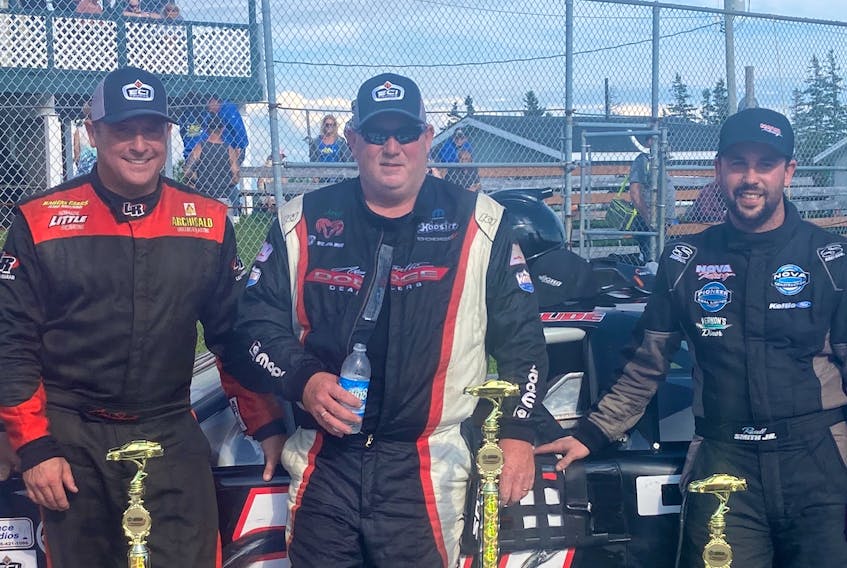 Springvale’s Greg Proude, centre, won the East Coast International Pro Stock Tour’s Fleetrite 150 at Oyster Bed Speedway on July 3. Craig Slaunwhite, left, finished second while Russell Smith Jr., right, came third. Pat Healey photo
