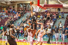 This dunk by Newfoundland Growlers forward Brandon Sampson sealed the first win in franchise history as the Growlers defeated the Saskatchewan Rattlers 83-60 at the Memorial Field House in St. John’s on July 3. Jeff Parsons/Newfoundland Growlers