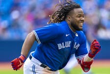 Jul 3, 2022; Toronto, Ontario, CAN; Toronto Blue Jays first baseman Vladimir Guerrero Jr. runs to first base against the Tampa Bay Rays during the ninth inning at Rogers Centre. 