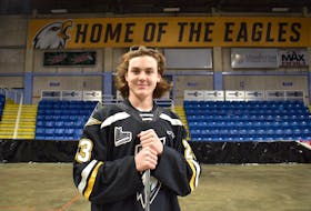 The Cape Breton Eagles used the first overall pick in the 2022 Quebec Major Junior Hockey League Entry Draft to select defenceman Tomas Lavoie. The six-foot-three, 190-pound product of Repentigny, Que., was in Sydney Monday for the first-overall pick announcement. JEREMY FRASER/CAPE BRETON POST.