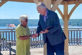 Marilyn Mackintosh is presented with the Joe Casey Humanitarian Award by Digby Mayor Ben Cleveland on June 27. The award is presented annually in recognition of a person or person(s) who have made a significant contribution to the Town of Digby. CONTRIBUTED