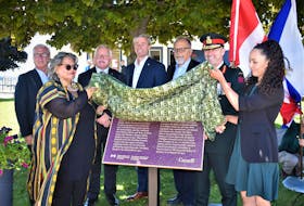 Taking part in the unveiling of the plaque honouring the No. 2 Construction Battalion in Pictou earlier today were Town of Pictou Mayor Jim Ryan (back, left), MP Darrell Samson, Nova Scotia Premier Tim Houston, Bernard Thériault from the Historic Sites and Monument Board, Major General Paul Peyton, Brenda Francis – President of the Black Cultural Society of Nova Scotia (front, left) and descendent Lindsay Ruck. Richard MacKenzie