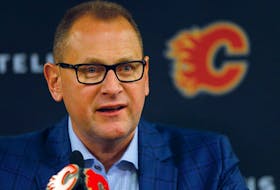 Calgary Flames General Manager Brad Treliving speaks at a news conference on Sept. 25, 2019.