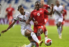 Deanne Rose of Canada, right, fights for the ball with Victoria Swift of Trinidad and Tobago during the match between Canada and Trinidad & Tobago as part of the 2022 Concacaf W Championship at BBVA Stadium on July 05, 2022 in Monterrey, Mexico.