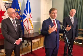 The province's new Education Minister John Haggie, Premier Andrew Furey, and new Health Minister Tom Osborne answer media questions after their swearing-in ceremony at Government House Wednesday morning.