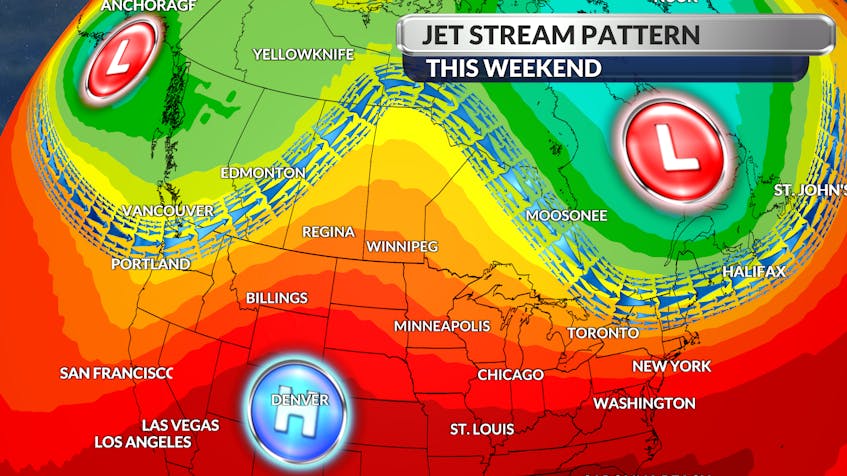 A trough in the jet stream will develop over Atlantic Canada this weekend.