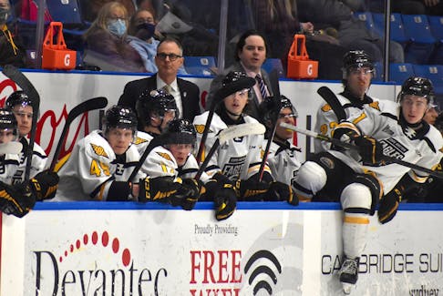 Head coach Chadd Cassidy, left, is shown behind the bench of the Cape Breton Eagles during the second half of the 2021-22 Quebec Major Junior Hockey League season. Cassidy resigned from his position with the team after seven months.