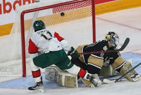 Halifax Mooseheads Jordan Dumais scores against Charlottetown Islanders goalie Francesco Lapenna after picking off a pass and taking it in on a breakaway, during QMJHL action in Ha;ifax Saturday April 2, 2022.

TIM KROCHAK PHOTO