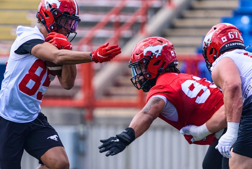 The Calgary Stampeders’ Jalen Philpot runs with the ball during practice at McMahon Stadium on June 21, 2022. Philpot is getting his first start at wide receiver for the Stamps as they face the Edmonton Elks on Thursday