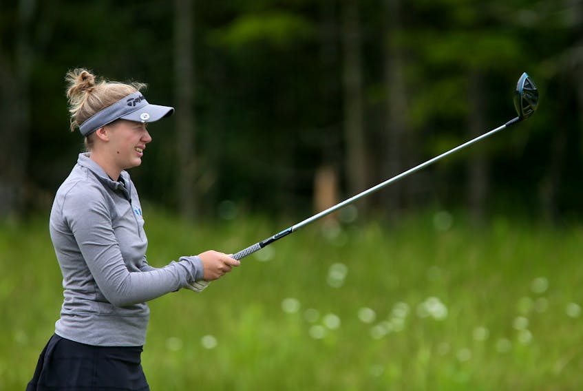 Ken-Wo's Heather McLean eyes her line before her opening drive at the 2020 NSGA women's amateur golf championship at Oakfield. McLean, the 2021 amateur champion, will look to defend her title at the 54-hole provincial tournament, which begins Friday at Amherst. - TIM KROCHAK / THE CHRONICLE HERALD