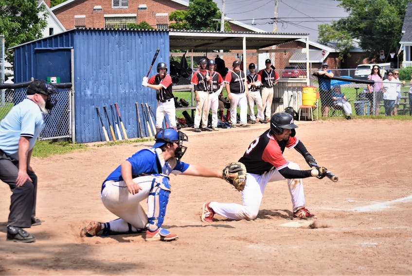 Pictou County’s Scott Long’s sacrifice bunt attempt hits on top of home plate and goes foul, during extra-inning action versus the Nova Scotia Canada Games team Sunday (July 3) afternoon. Richard MacKenzie