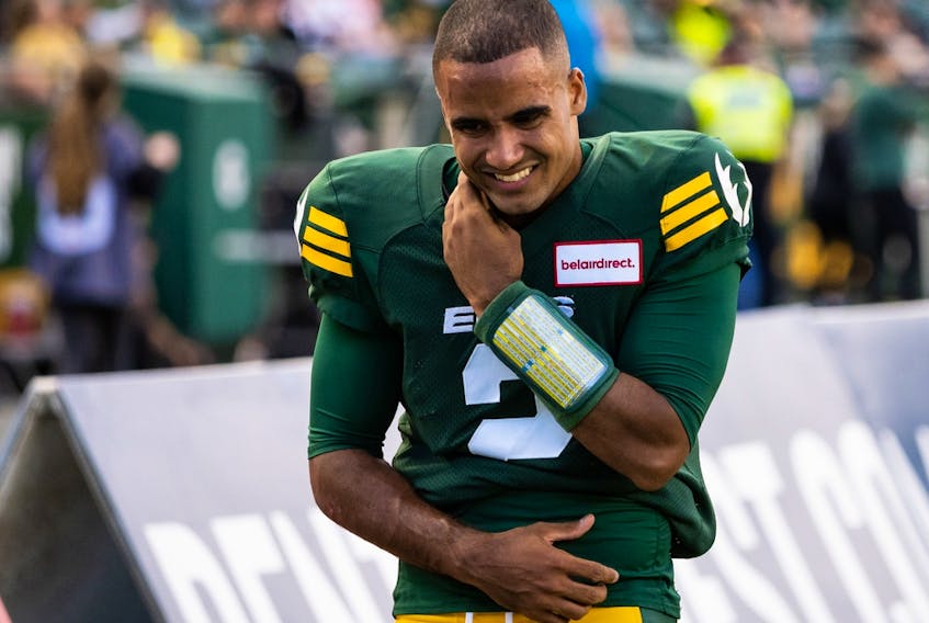 Edmonton Elks’ quarterback Tre Ford (2) leaves the field hurt after playing the Calgary Stampeders at Commonwealth Stadium in Edmonton on Thursday, July 7, 2022.