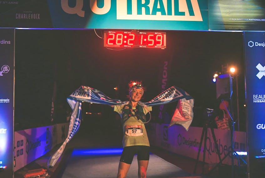 Steady Brook’s Kelsey Hogan crossed the finished line at the 100-mile (160-kilometer) Quebec Mega Trail in the early hours of July 3 as the top women’s finisher and 18th overall. Photo courtesy Christian Dionne
