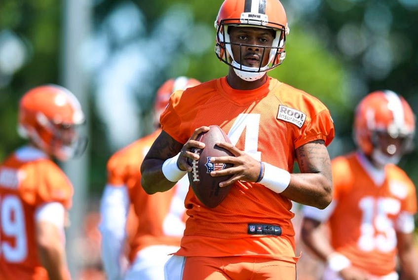 Deshaun Watson of the Cleveland Browns runs a drill during Cleveland Browns training camp at CrossCountry Mortgage Campus on July 30, 2022 in Berea, Ohio.