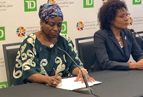 United Nations under-secretary Dr. Natalia Kanem, seen here with former Governor General Michaelle Jean, spoke at the closing press conference for the National Black Canadians Summit in Halifax on Sunday and delivered the event's summary declaration of goals that must be met for the eradication of racial discrimination.