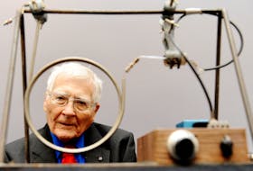 Scientist and inventor James Lovelock, 94, sits with one of his early inventions, a homemade Gas Chromatography device, used for measuring gas and molecules present in the atmosphere, during a photocall for the Unlocking Lovelock: Scientist, Inventor, Maverick exhibition at the Science Museum, south west London.  Scientist and inventor James Lovelock, seen here in 2014 with one of his early inventions, a homemade gas chromatography device, used for measuring gas and molecules present in the atmosphere, developed the Gaia hypothesis that forms the academic discipline of Earth System Science. He died on July 27, on his 103rd birthday. PA Images via Reuters