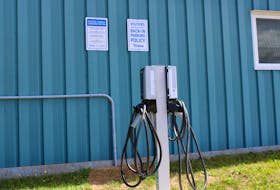 A dual head electric vehicle charger outside the Nova Scotia Power depot in Truro.