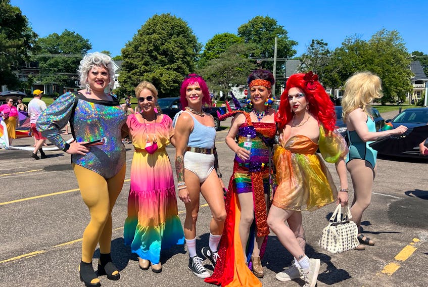 Charlottetown Coun. Alanna Jankov, second from left, poses for a picture prior to the P.E.I. Pride parade on July 23. Also pictured are, from left, Treyla Parktrash, Zsa Zsa Zhoosh, Amber Flames and Demona DeVille. Contributed