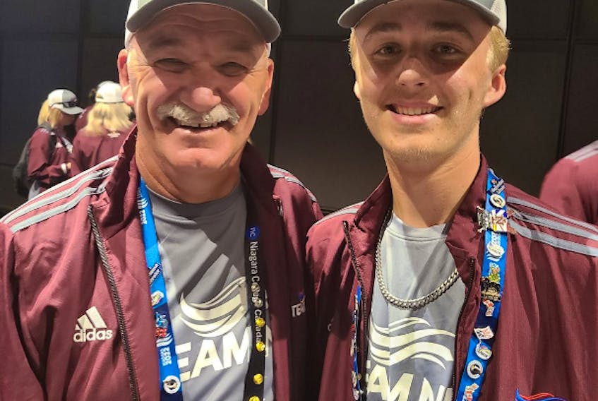 Ed Flood (left) and his son Matthew snapped this photo just before walking out as a part of the Newfoundland and Labrador team at the 2022 Canada Games opening ceremony held last Saturday. At these Games, Matt will be the fifth of the Flood family to participate in some capacity or another, while it is the seventh Games for Ed. Contributed photo