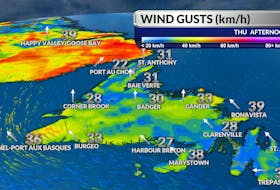 This map shows the expected wind gusts for the island portion of Newfoundland on Thursday. – Allister Aalders, SaltWire Network