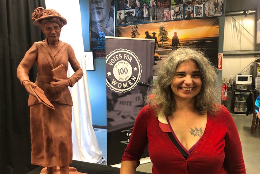 Artist Sheila Coultas unveiled a mini-cast of a planned commemorative statue of Armine Nutting Gosling to be raised in Bannerman Park in 2023 to honour the suffrage movement in St. John’s.- Joe Gibbons photo