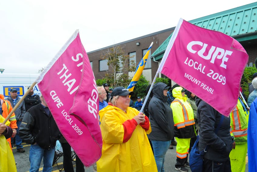 Striking Canadian Union of Public Employees (CUPE), Local 2099, workers at the City of Mount Pearl, held a rally of solidarity and support in front of Mount Pearl City Hall on Centennial Square over the noon hour on Wednesday afternoon, August 10, 2022. Various local and national union members and their representatives attended the rally and speakers presented monetary donations to Local 2099 president Ken Turner and the striking workers who have been on the picket lines since July 9th. and as of the rally, still no word of both sides returning to the bargaining table. The some 200 CUPE municipal workers are employed in the city’s areas of recreation, administration, tax and finance services, street fleets, waterworks and maintenance departments.  -Photo by Joe Gibbons/The Telegram