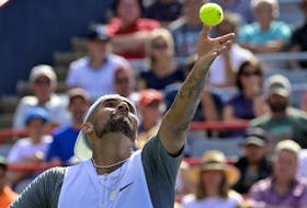 Nick Kyrgios serves against Daniil Medvedev (not pictured) in second-round play at IGA Stadium in Montreal Wednesday, Aug. 10, 2022.