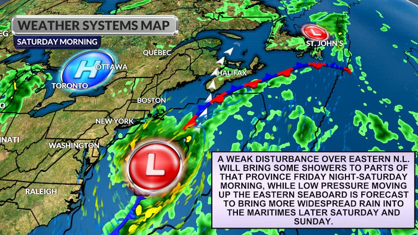 A developing low-pressure system is forecast to push rain into the Maritimes region for the second half of the weekend.