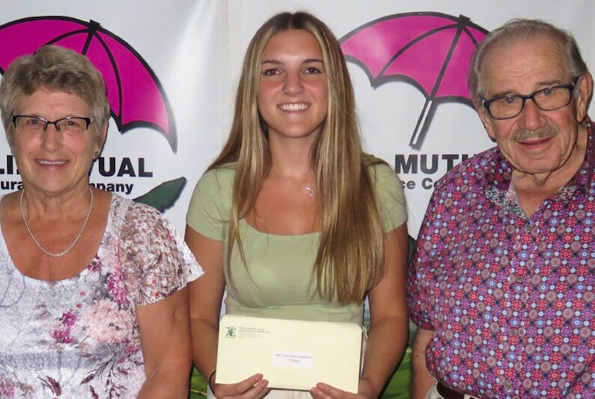 Jodie Cameron, centre, of Summerside was the winner of the recent Crapaud Exhibition Youth Talent Competition. She received $300 from P.E.I. Mutual Insurance Company and will represent the exhibition at the provincial finals in September. Provincial talent co-ordinator Jean Tingley, left, and Elmer MacDonald, right, president of the Crapaud Exhibition, were on hand to congratulate the winner. Runners up were The Stiff Family of Hunter River, in second, with Summerside resident Krissa Reeves-Baker in third.