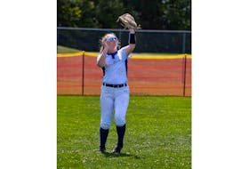 Brooke Snyder, Mount William, makes a catch in left field in Canada Games women's softball action. Miranda Langgath photo