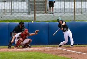 Team P.E.I.’s Jakob MacEwen, 28, fouls a pitch off earlier this week in a round-robin game at the 2022 Canada Summer Games in the Niagara region of Ontario. Photo courtesy of Team P.E.I.