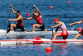 FOR SPORTS STORY:
Team Canada's Katie VINCENT and Sloan MACKENZIE  are seen during the C2 Women 500 Final A at Canoe 22 in Dartmouth Saturday August 6, 2022. Thet finished 6th in the race.
TIM KROCHAK PHOTO