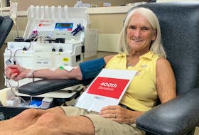 Noreen Gillan, who is from Lakeside, P.E.I., makes her 400th blood donation. Gillan has been donating blood and plasma for the past 54 years. Contributed