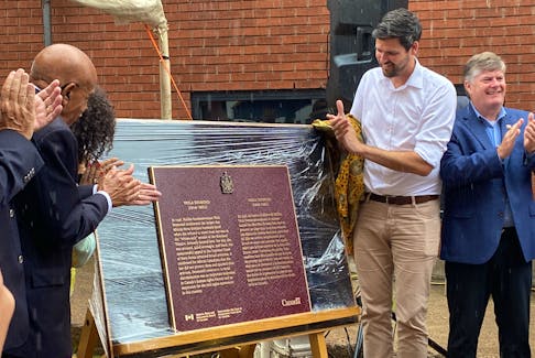 Central Nova MP Sean Fraser and other dignitaries unveiled a plaque recognizing Viola Desmond as a personal of national historic significance on Aug. 12, 2022.