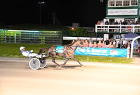 James MacDonald drives Sintra to a 1:50.3 victory in the second Gold Cup and Saucer Trial, presented by Atlantic Lottery, at Red Shores Racetrack and Casino at the Charlottetown Driving Park on Aug. 13. Gail MacDonald • Contributed
