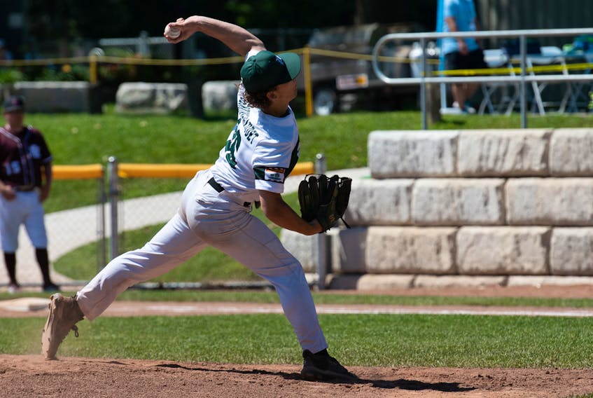 Team P.E.I.’s Tyler Jenkins-Gaudet pitched 5 1/3 innings of no-hit ball in a 10-0 six-inning win over Newfoundland and Labrador at the 2022 Canada Summer Games in the Niagara region of Ontario on Aug. 12. P.E.I. finished the baseball competition in ninth place. Team P.E.I. • Special to The Guardian