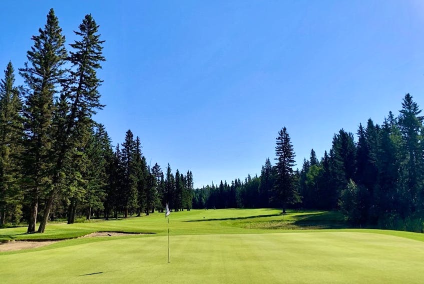 Looking back on the Par-5 sixth hole at Redwood Meadows Golf Club. During a recent renovation, the green on this assignment was shifted a little left, closer to the water hazard.